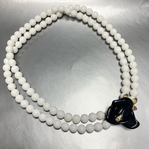 KJL for Avon Black Rose Double Strand White Bead Necklace - Picture 4 of 8